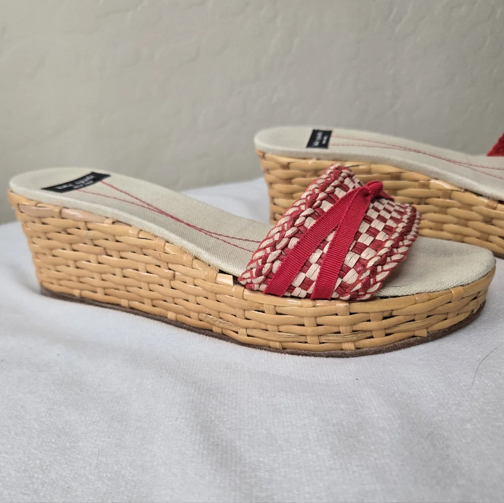 Kate Spade Red and Cream Checkered Woven Wicker Espadrilles Wedge Sandals 8B
